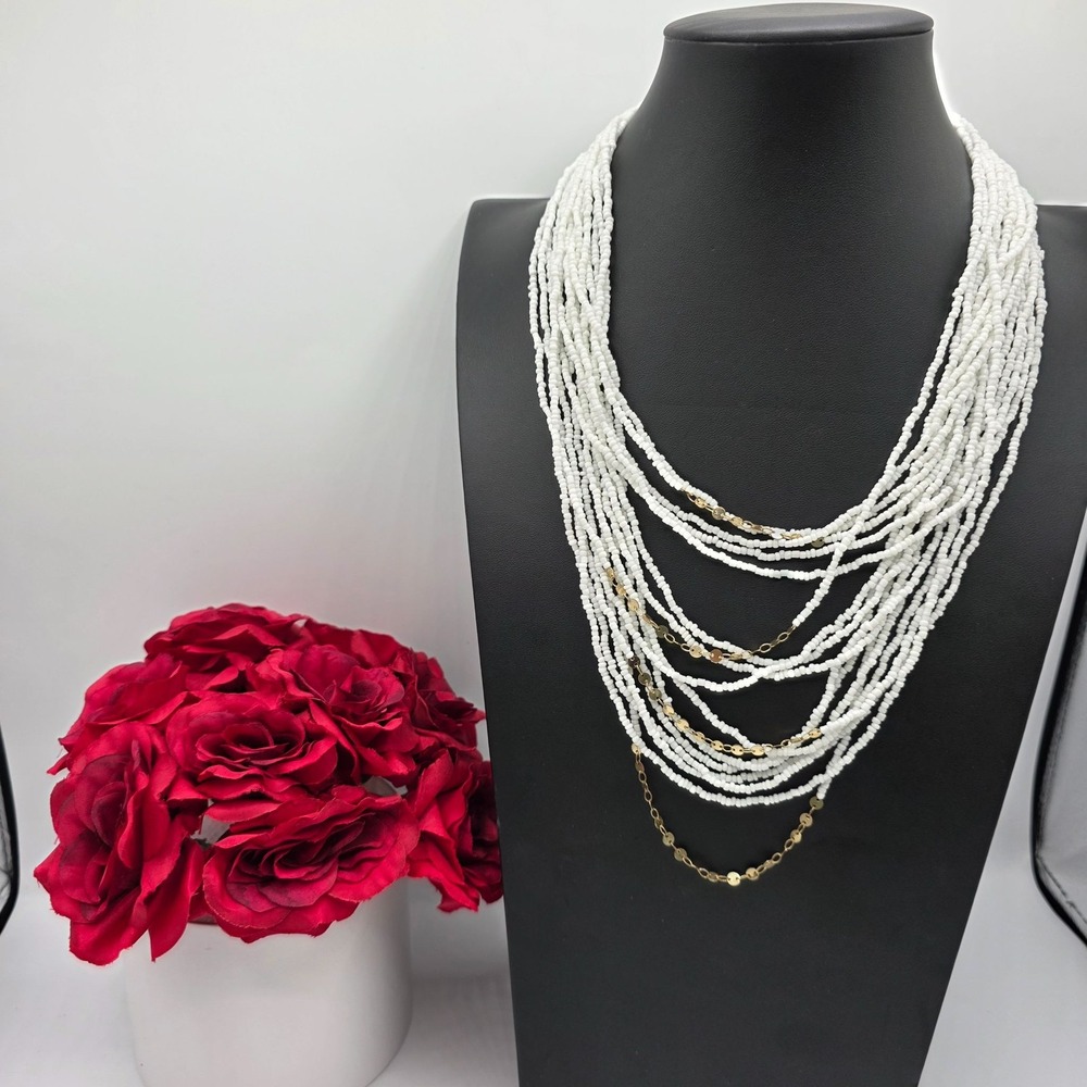 SUGARFIX Layered Beaded Necklace White Gold Tone Disco Ball Style‎ Statement Bib